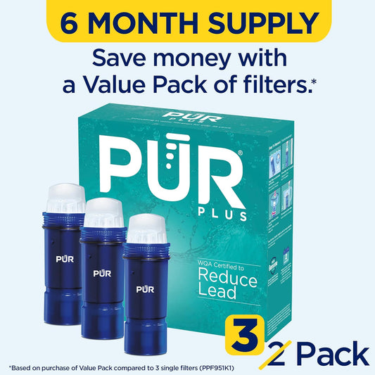 PUR Plus Water Filter Replacement for Pitchers & Dispensers, 6-Month Supply, 3 Count, Blue