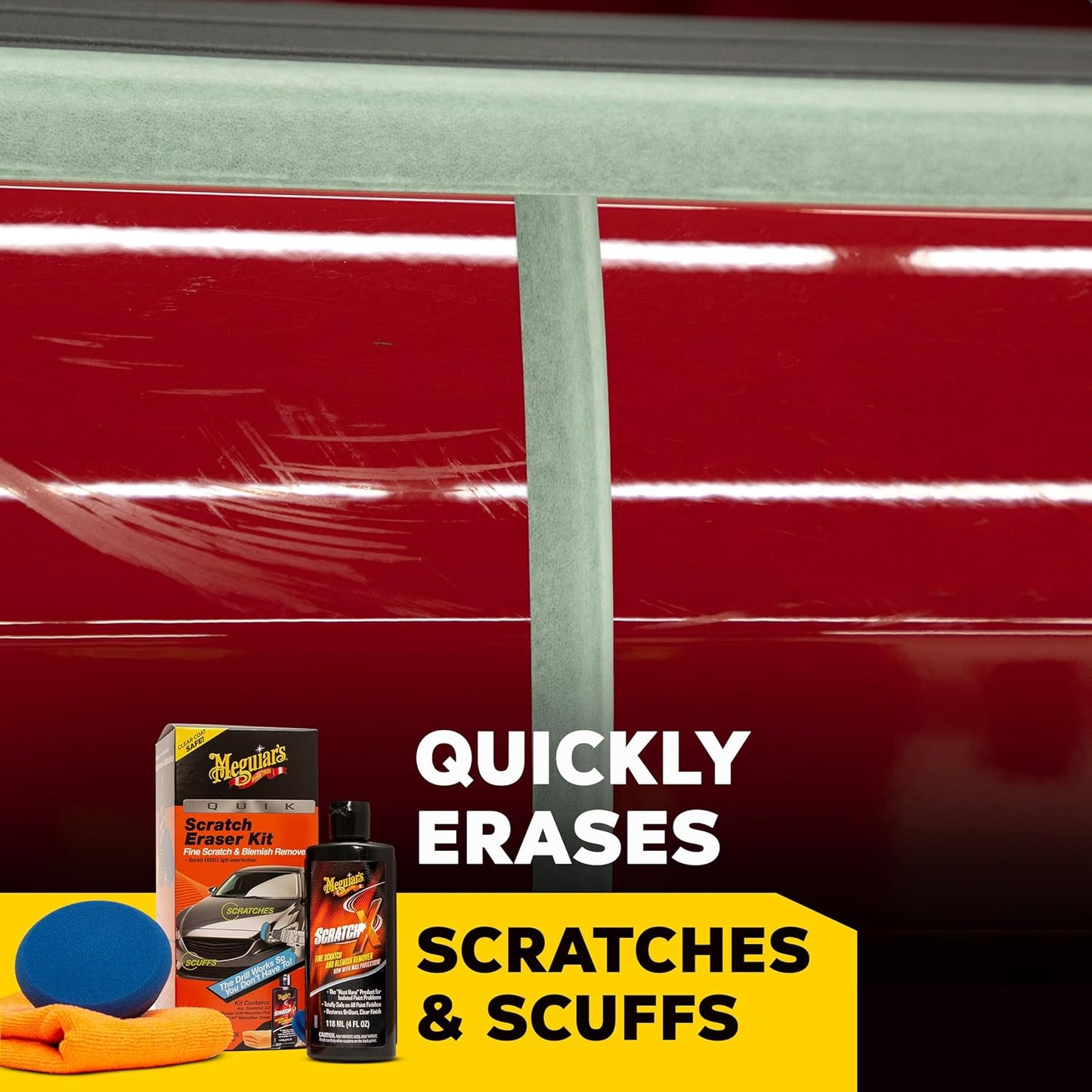 Meguiar's Quik Eraser Kit, Car Scratch Remover for Repairing Surface Blemishes, Car Scratch Repair Kit with ScratchX, Drill-Mounted