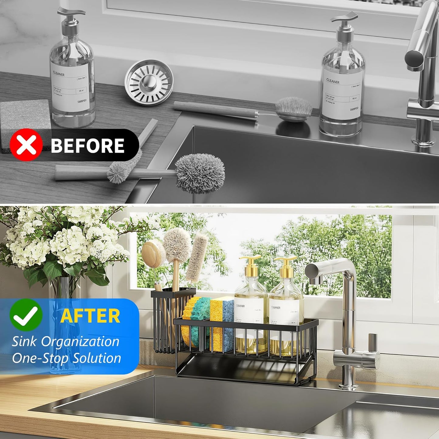 Cisily Sink Caddy Sponge Holder for Kitchen with Brush Holder and Stainless Steel Self Drain Tray, Rustproof Kitchen Sink Organizer for