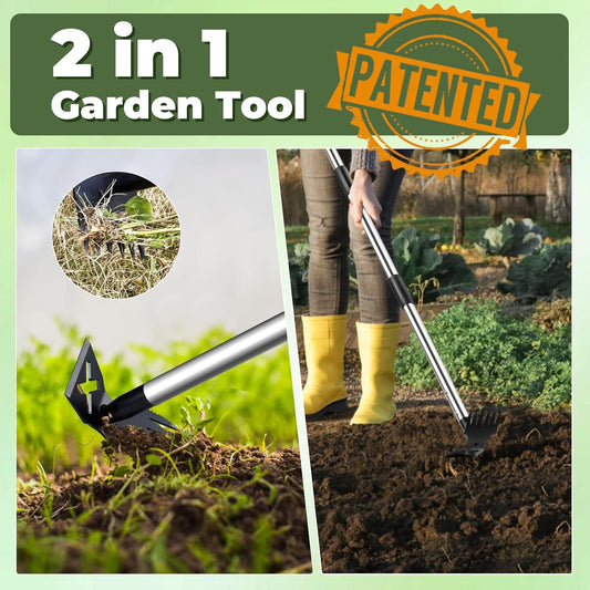 NICOFPHY Weed Puller Tool with Long Handle - 60" Manual Weeder Remover Tool, 2 in 1 Hand Weed Rake and Garden Hoe for
