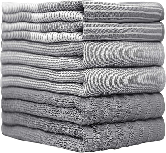 Premium Kitchen Towels (20x 28, 6 Pack), Large Cotton Dish Towels, Flat & Terry Highly Absorbent Kitchen Linen Set with Hanging Loop, Gray