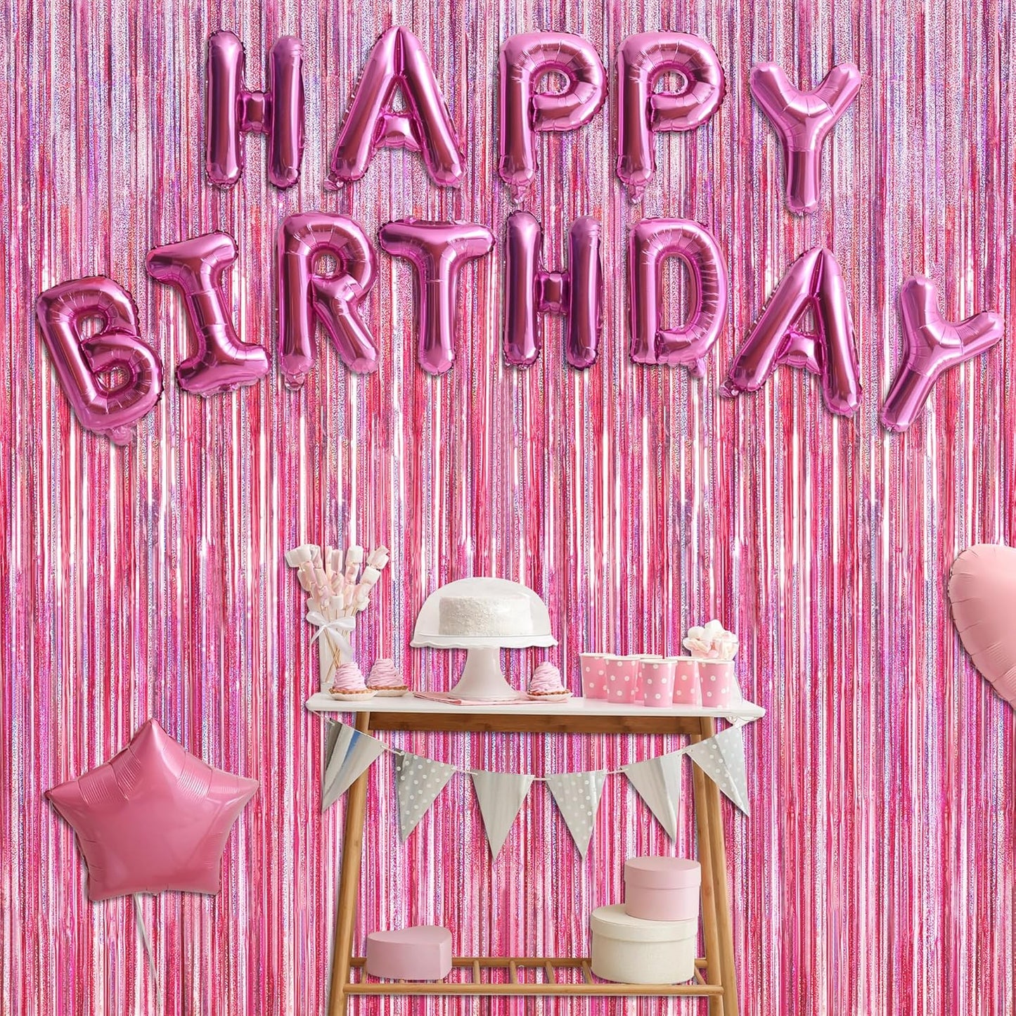 2 Pack Glitter Pink Backdrop, 3.28 FT x 7.05 FT Birthday Party Decorations, Laser Pink Fringe Curtains Foil Streamer