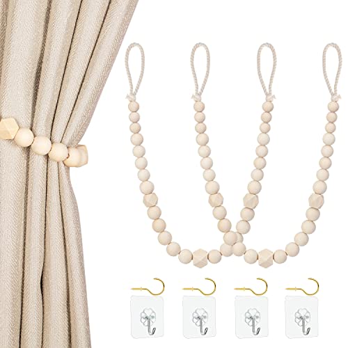 KLOGTSIND Magnetic Curtain Tiebacks, Curtain Holdbacks for Curtains 2 Pack, Wood Bead Curtain Holders for Boho Bedroom Decor, Baby Nursery