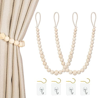 KLOGTSIND Magnetic Curtain Tiebacks, Curtain Holdbacks for Curtains 2 Pack, Wood Bead Curtain Holders for Boho Bedroom Decor, Baby Nursery