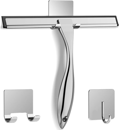 All-Purpose Stainless Steel Shower Squeegee for Shower Glass Door with 2 Adhesive Hooks, Bathroom Cleaner Tool Household Window Mirror Squeegee