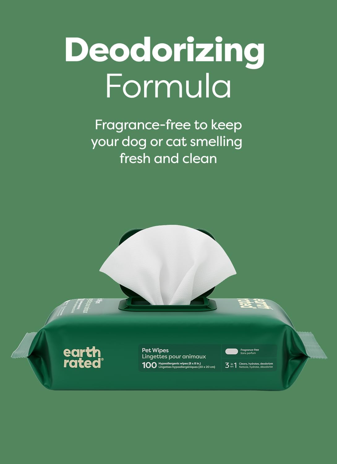 Earth Rated Pet Wipes for Dogs and Cats, Hypoallergenic, 3-in-1 Cleaning, Deodorizing and Hydrating, for Grooming Paws, Body and Butt