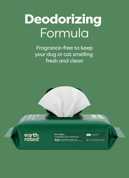 Earth Rated Pet Wipes for Dogs and Cats, Hypoallergenic, 3-in-1 Cleaning, Deodorizing and Hydrating, for Grooming Paws, Body and Butt