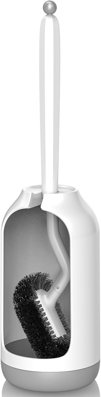 HAMITOR Toilet Bowl Brush Holder Set: Bathroom Deep Cleaning Toilet Cleaner Scrubber Under Rim with Curved Bristle for Dead Corner Clean - Hidden Rv