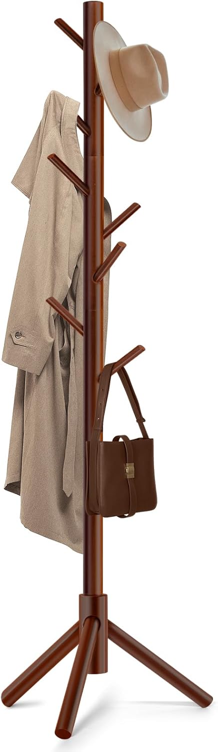 Solid Wooden Coat Rack Freestanding, New Zealand Pine Coat Tree with 8 Hooks & 3 Adjustable Sizes for Coats, Hats, Handbags and
