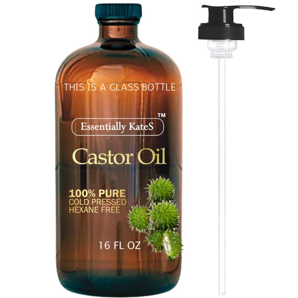 Essentially KateS Castor Oil 16 Fl Oz (Glass Bottle) - Original - A Huge Glass Bottle with a Pump - 100% Pure and Natural, Cold