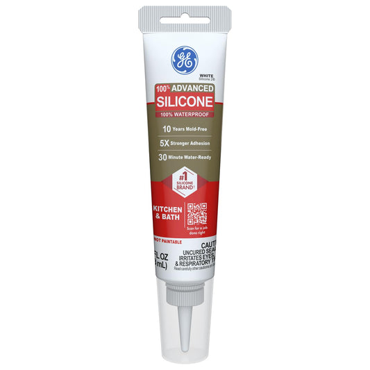 GE Advanced Silicone Caulk for Kitchen & Bathroom, White, 2.8 fl oz Tube, 1 Pack - 100% Waterproof Silicone Sealant, 5X Stronger