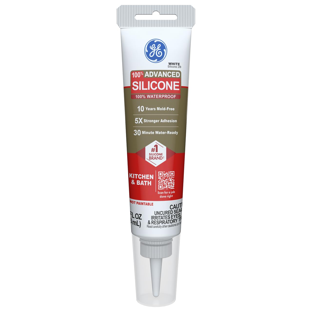 GE Advanced Silicone Caulk for Kitchen & Bathroom, White, 2.8 fl oz Tube, 1 Pack - 100% Waterproof Silicone Sealant, 5X Stronger