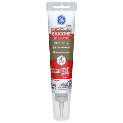 GE Advanced Silicone Caulk for Kitchen & Bathroom, White, 2.8 fl oz Tube, 1 Pack - 100% Waterproof Silicone Sealant, 5X Stronger