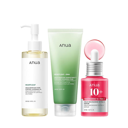 Anua 3-Step Glass Skin Beginner Set, Oil Cleanser and Face Wash with Facial Serum, Double Cleansing Daily Routine with