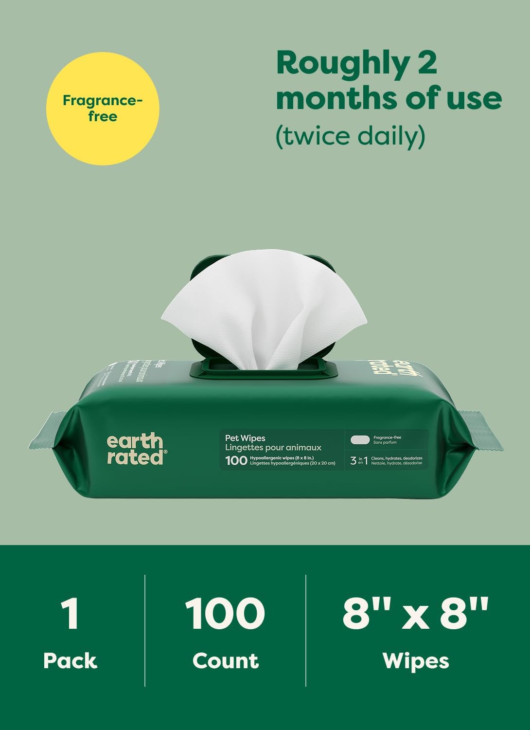 Earth Rated Pet Wipes for Dogs and Cats, Hypoallergenic, 3-in-1 Cleaning, Deodorizing and Hydrating, for Grooming Paws, Body and Butt