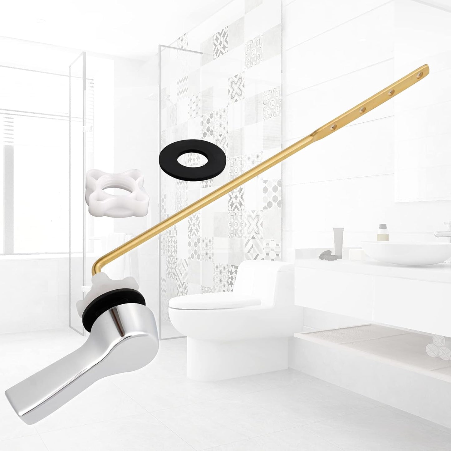 Hibbent Universal Metal Front Mount Toilet Handle Replacement Kit, Brass Toilet Flush Tank Lever with Stainless Steel Flapper Chains for Most