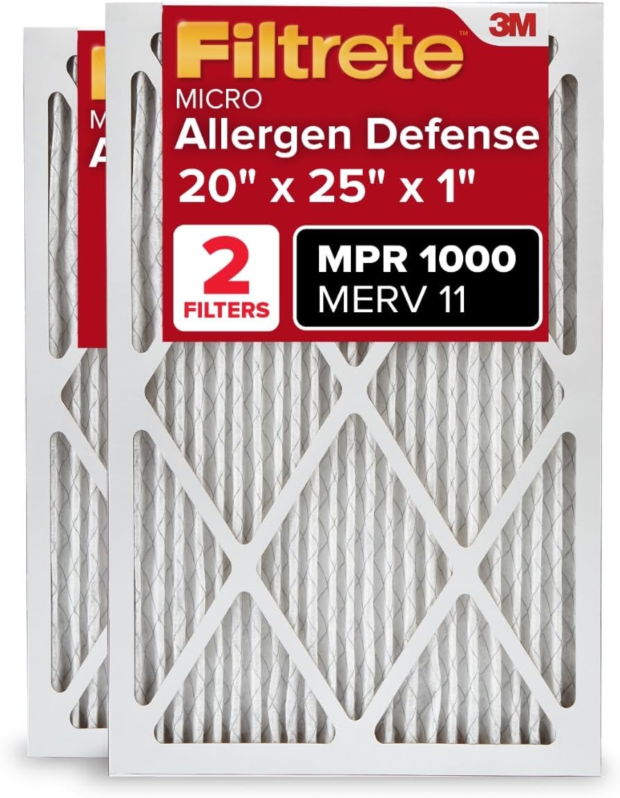 Filtrete 20x25x1 AC Furnace Air Filter, MERV 11, MPR 1000, Micro Allergen Defense, 3-Month Pleated 1-Inch Electrostatic Air Cleaning