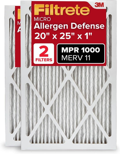 Filtrete 20x25x1 AC Furnace Air Filter, MERV 11, MPR 1000, Micro Allergen Defense, 3-Month Pleated 1-Inch Electrostatic Air Cleaning