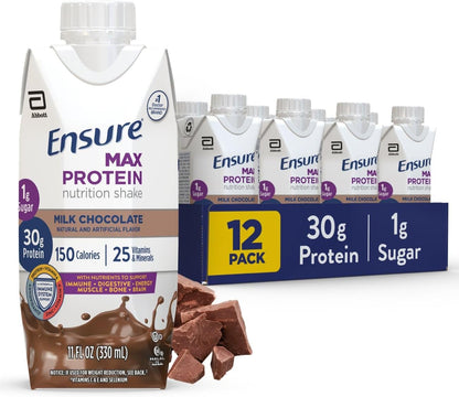 Ensure Max Protein Shake, Milk Chocolate, Ready to Drink, 30g Protein for Muscle Health, 1g Sugar, 4g Fiber, 11 fl oz, 12 Pack