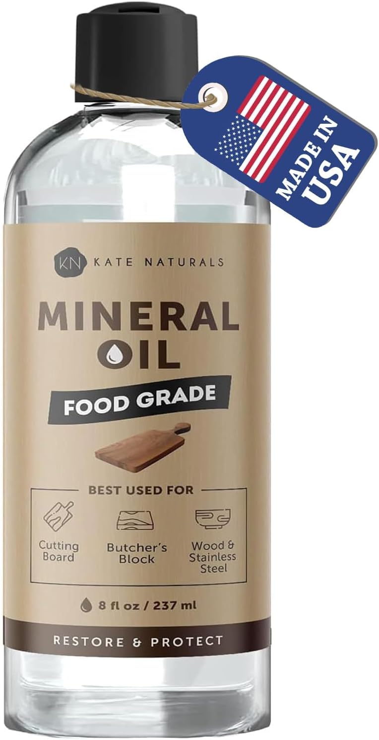 Kate Naturals Mineral Oil for Wood Cutting Board, Butcher Block, and Knife. Food Grade Mineral Oil for Wooden Cutting Board & Utensils
