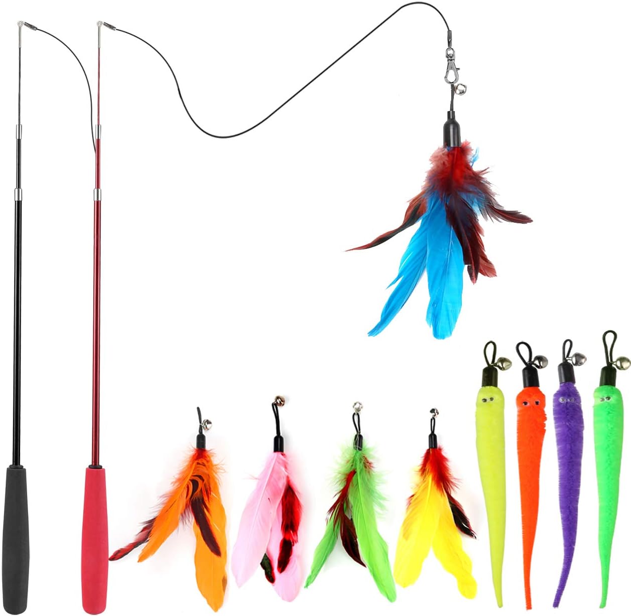 MeoHui Cat Toys for Indoor Cats, Interactive Cat Toy 2PCS Retractable Wand Toy and 9PCS Cat Feather Toys