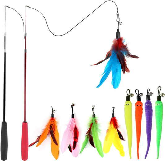 MeoHui Cat Toys for Indoor Cats, Interactive Cat Toy 2PCS Retractable Wand Toy and 9PCS Cat Feather Toys