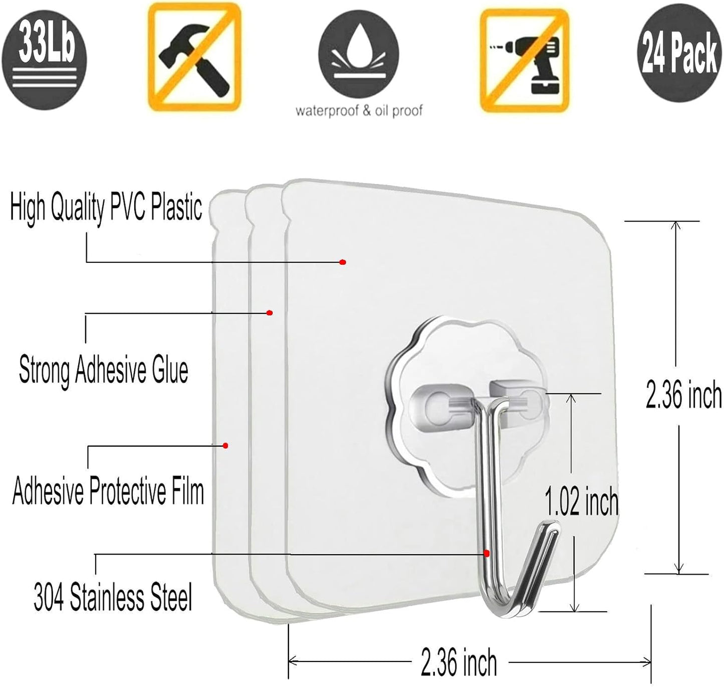 Jwxstore 24 Pack Self Adhesive Hooks Heavy Duty - 33lb Max, Transparent, Waterproof, Sticky Wall Hooks for Keys, Bathroom, Shower, Outdoor