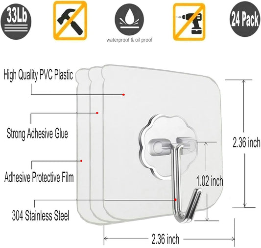 Jwxstore 24 Pack Self Adhesive Hooks Heavy Duty - 33lb Max, Transparent, Waterproof, Sticky Wall Hooks for Keys, Bathroom, Shower, Outdoor