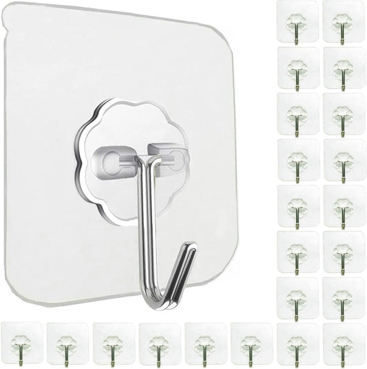 Jwxstore 24 Pack Self Adhesive Hooks Heavy Duty - 33lb Max, Transparent, Waterproof, Sticky Wall Hooks for Keys, Bathroom, Shower, Outdoor