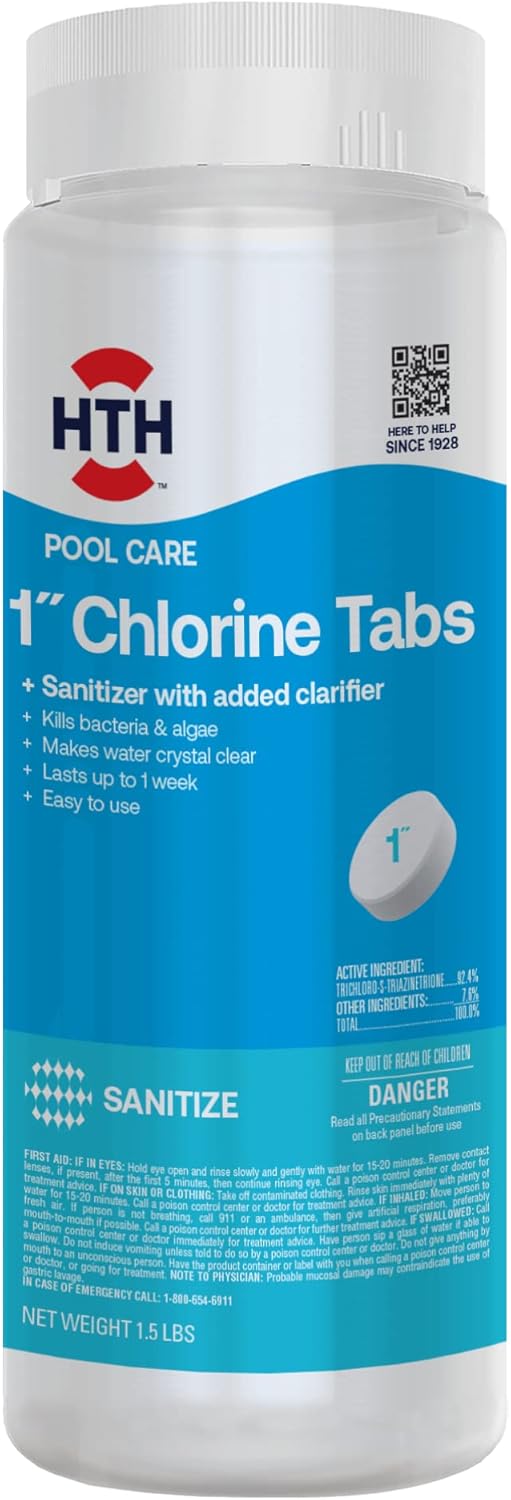 HTH 42049 Pool Care 1" Chlorine Tabs, Swimming Pool Sanitizer with Added Clarifier - Eliminates Bacteria & Algae, Makes Water Clean & Crystal