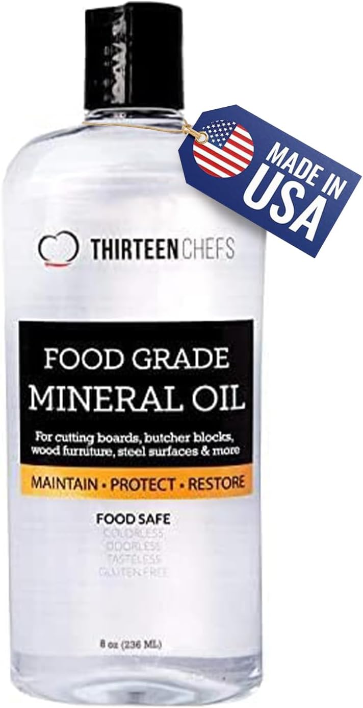 Thirteen Chefs Mineral Oil - 8 oz Food Grade Conditioner for Wood Cutting Board, Countertop & Butcher