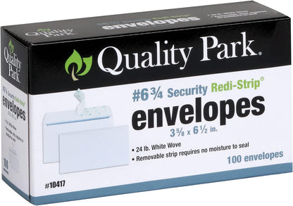 Quality Park 3/4 Self-Seal Security Envelopes, Security Tint and Pattern, Redi-Strip Closure, 24-lb White Wove, 3-5/8 x 6-1/2, 100/Box