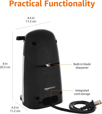 Amazon Basics 3-In-1 Electric Can Opener, Bottle Opener and Knife Sharpener with Stainless Steel Blade, Magnetic Lid Holder, Safe, Easy to