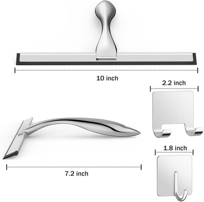All-Purpose Stainless Steel Shower Squeegee for Shower Glass Door with 2 Adhesive Hooks, Bathroom Cleaner Tool Household Window Mirror Squeegee