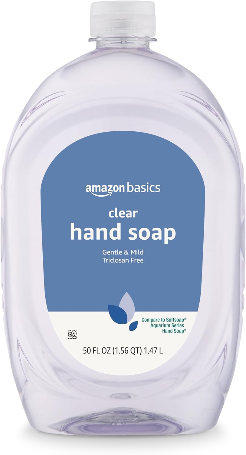 Amazon Basics Gentle & Mild Clear Liquid Hand Soap Refill, Triclosan-Free, Dermatologist-Tested, pH Balanced, Cruelty-Free, 50 Fluid Ounces, 1-Pack