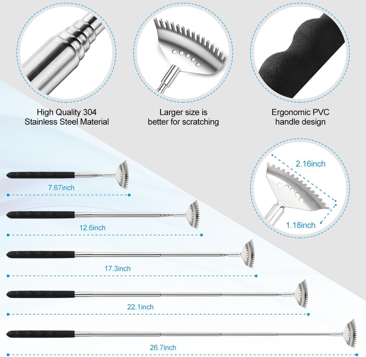Yeipis 3 Pack Different Back Scratcher Metal Portable Telescoping with Rubber Handles, Extendable Back Massager Tool with Beautiful