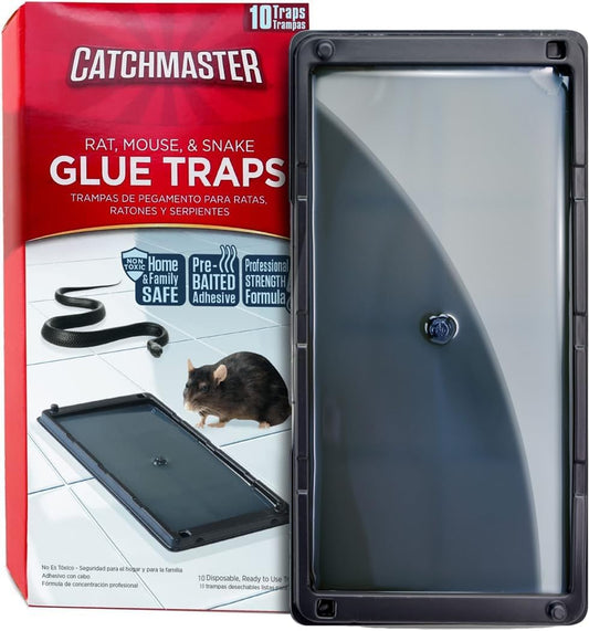 Catchmaster Rat, Snake and Mouse Traps 10Pk, Large Bulk Glue Rat Traps for Home, Adhesive Plastic Tray for Inside House, Snake