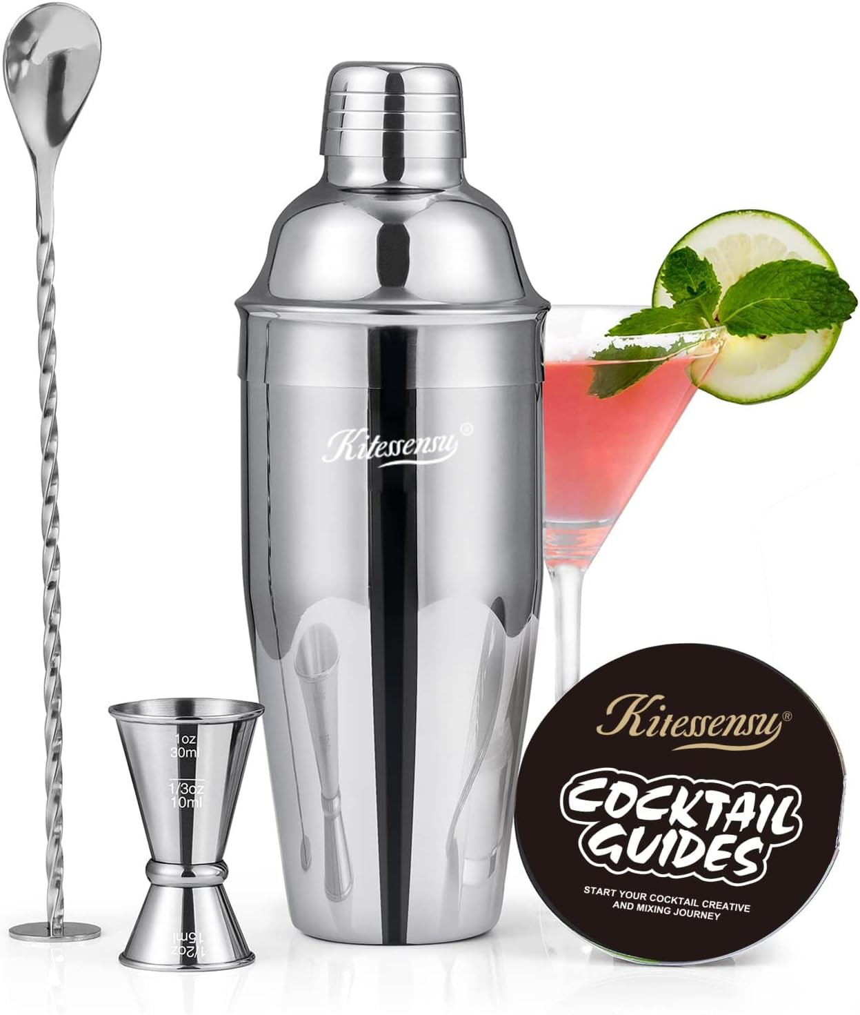 Cocktail Shaker, KITESSENSU 24oz Drink Shaker with Bartender Strainer, Measuring Jigger, Bar Mixing Spoon, Cocktail Recipe
