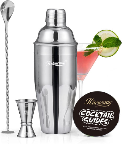 Cocktail Shaker, KITESSENSU 24oz Drink Shaker with Bartender Strainer, Measuring Jigger, Bar Mixing Spoon, Cocktail Recipe