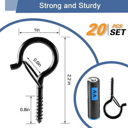 ADIIL 20 PCS Q Hanger Hooks with Safety Buckle, Windproof Screw Hooks for Hanging Outdoor String Lights, Plants, Christmas Patio Lights, 2.2