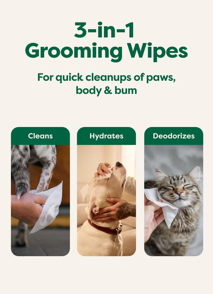 Earth Rated Pet Wipes for Dogs and Cats, Hypoallergenic, 3-in-1 Cleaning, Deodorizing and Hydrating, for Grooming Paws, Body and Butt