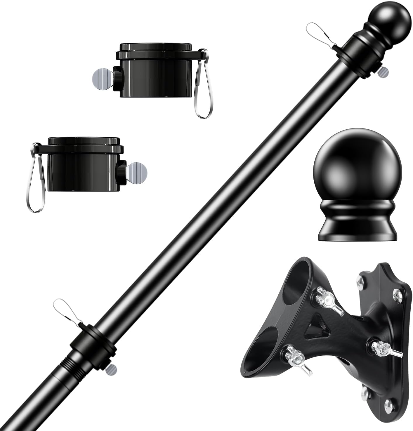 PHITRIC Flag Pole Kit, Tangle Free Spinning Stainless Steel Rustproof Flagpole for 3x5 Sports Fan Outdoor Flags for Outside House (Black