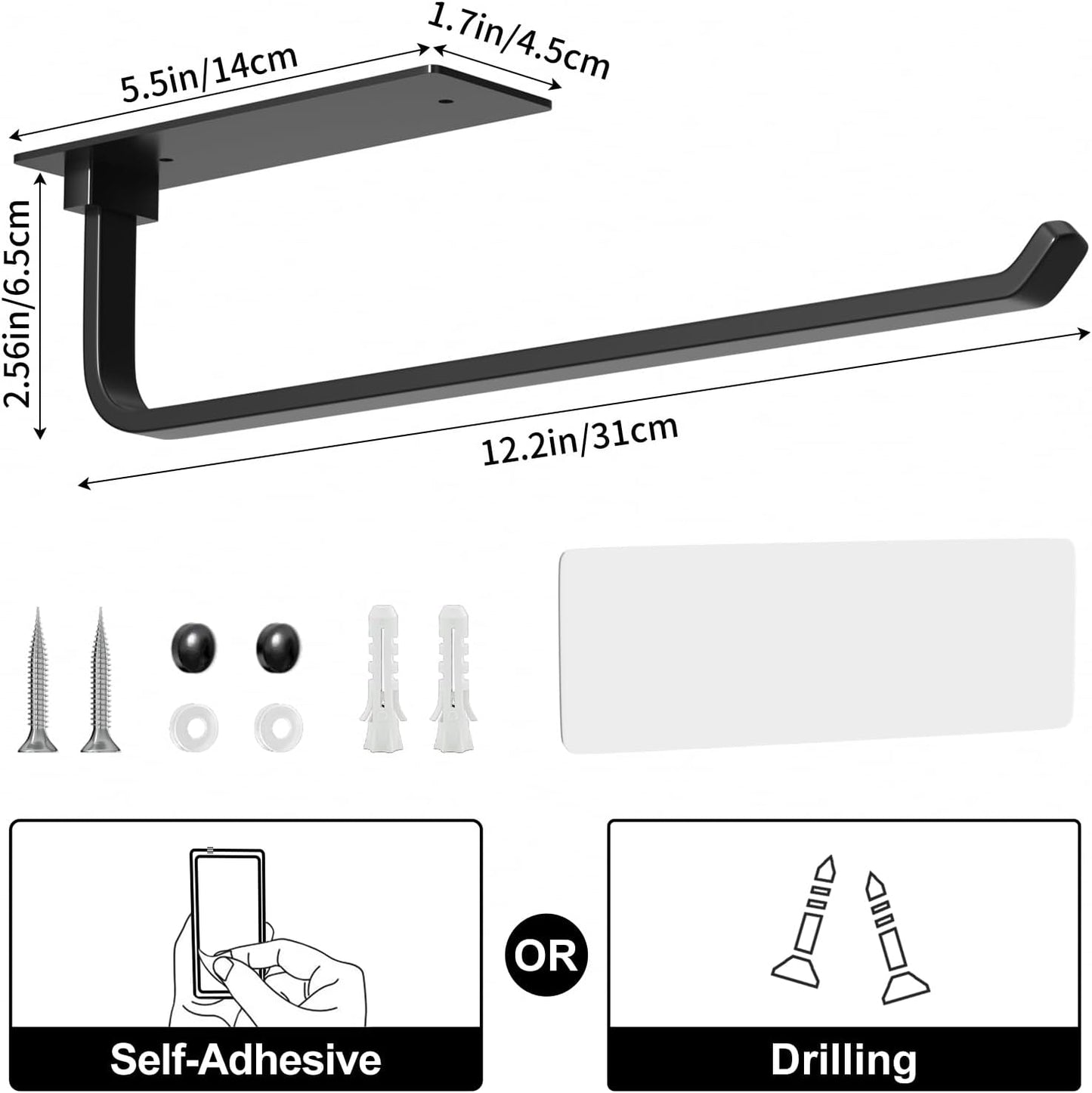 Paper Towel Holder - Self-Adhesive or Drilling, Matte Black, Upgraded Aluminum Kitchen Roll Dispenser Under