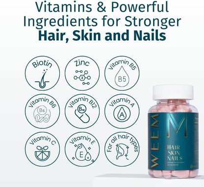 WEEM Hair Skin and Nails Gummies - Supports Healthy Hair - Vegan biotin Vitamins for Women & Men Supports Faster Hair Growth, Stronger