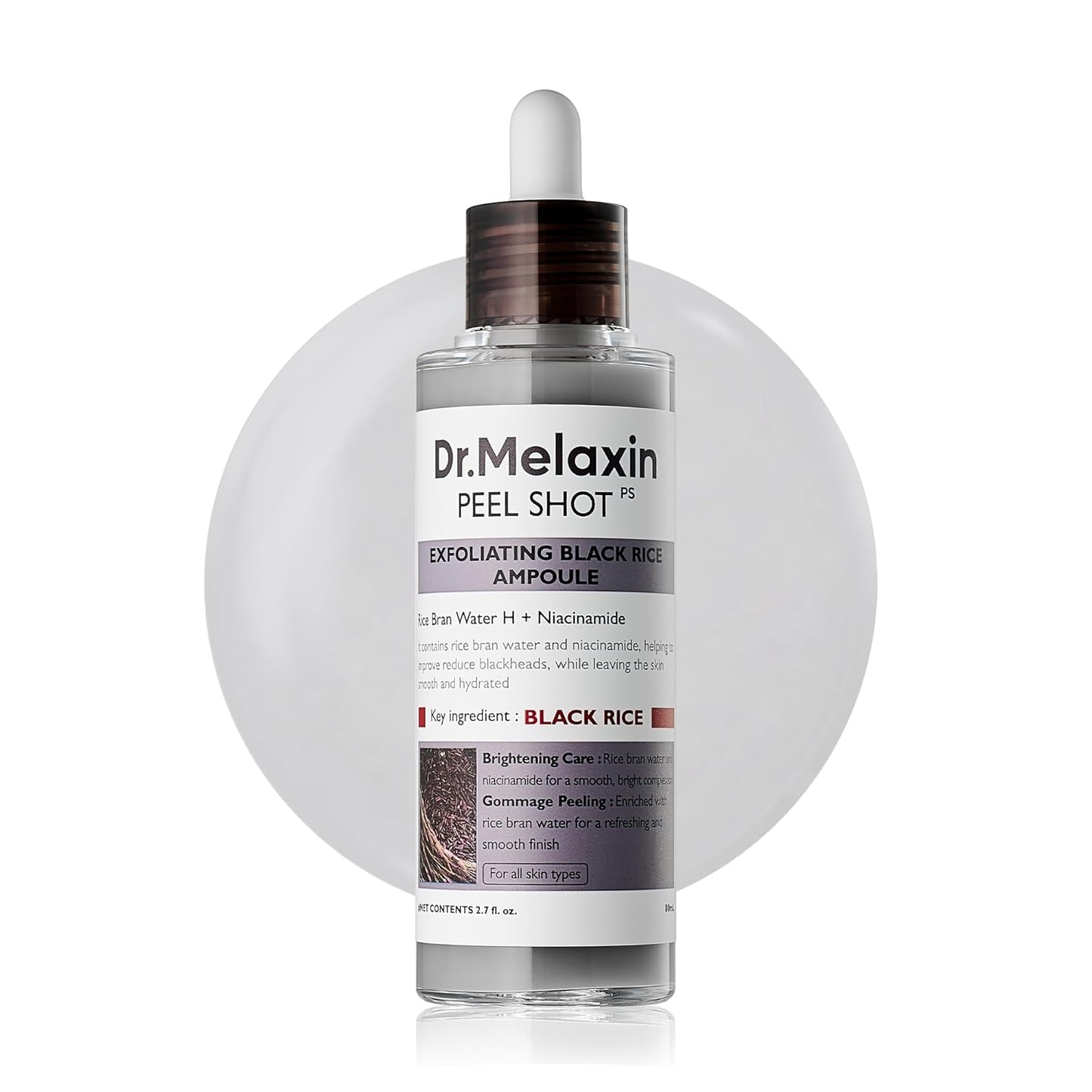 Dr.Melaxin Peel Shot Glow Black Rice Peeling Ampoule 80ml, Dead Skin Remover Gentle Exfoliating with Rice Water Extract, AHA BHA