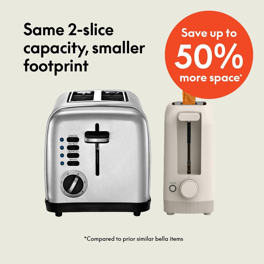 bella 2 Slice Slim Toaster, Fits-anywhere Kitchenware, 6 Setting Shade Control with Reheat & Cancel Buttons, Fits sourdough, 10 Long