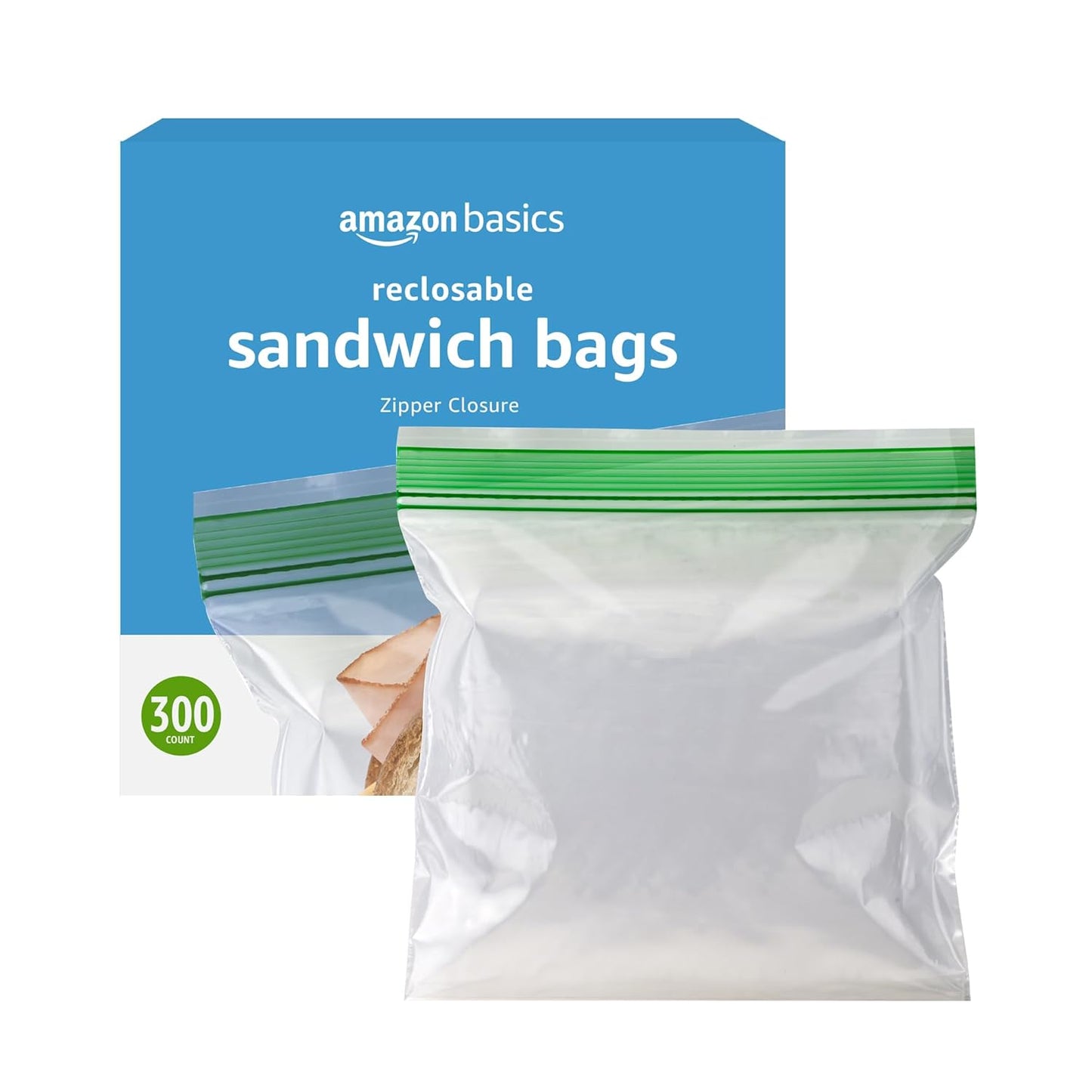Basics Resealable Double Zipper Sandwich Storage Bags for Food Storage, 300 Count