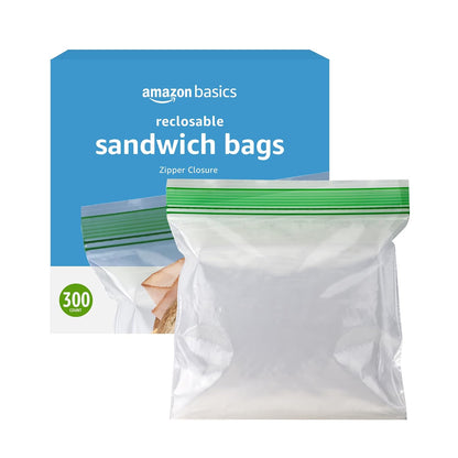 Basics Resealable Double Zipper Sandwich Storage Bags for Food Storage, 300 Count