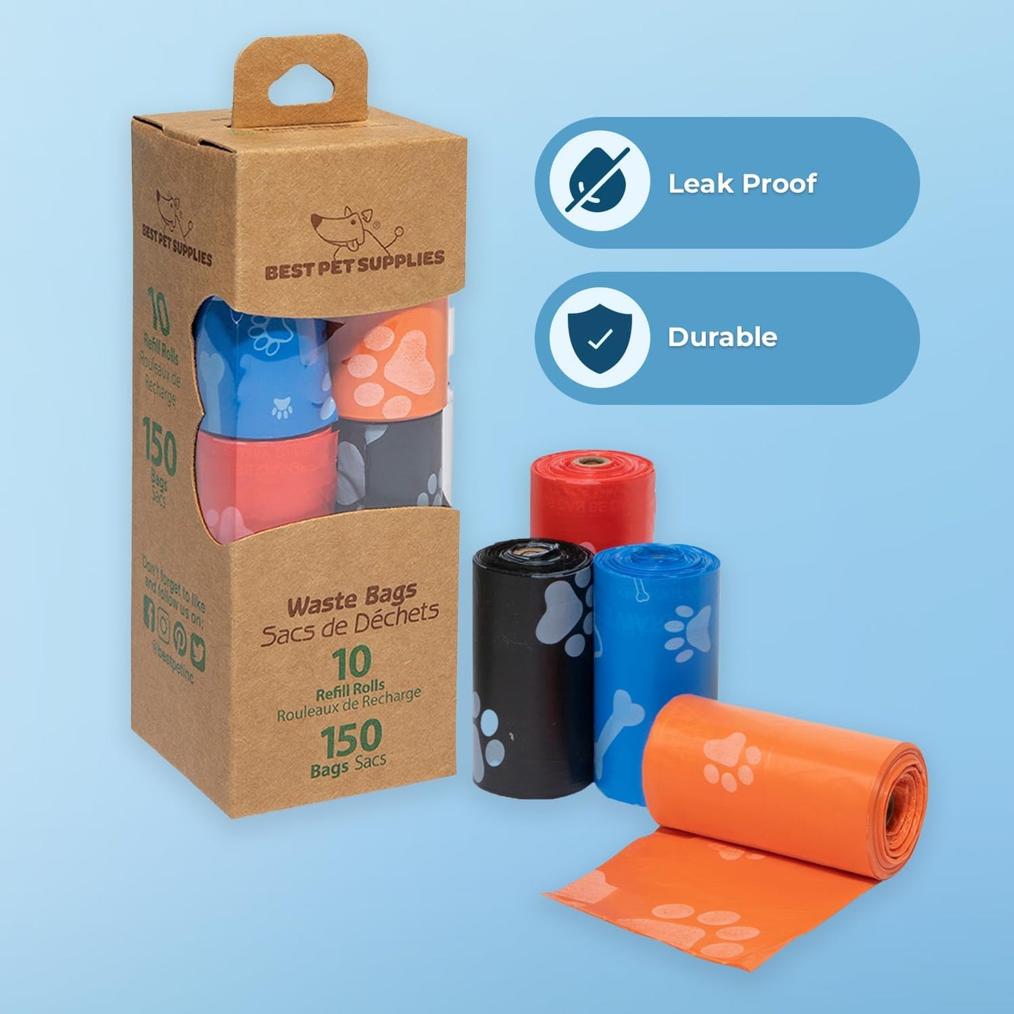 Best Pet Supplies Dog Poop Bags for Waste Refuse Cleanup, Doggy Roll Replacements for Outdoor Puppy Walking and Travel, Leak Proof and Tear