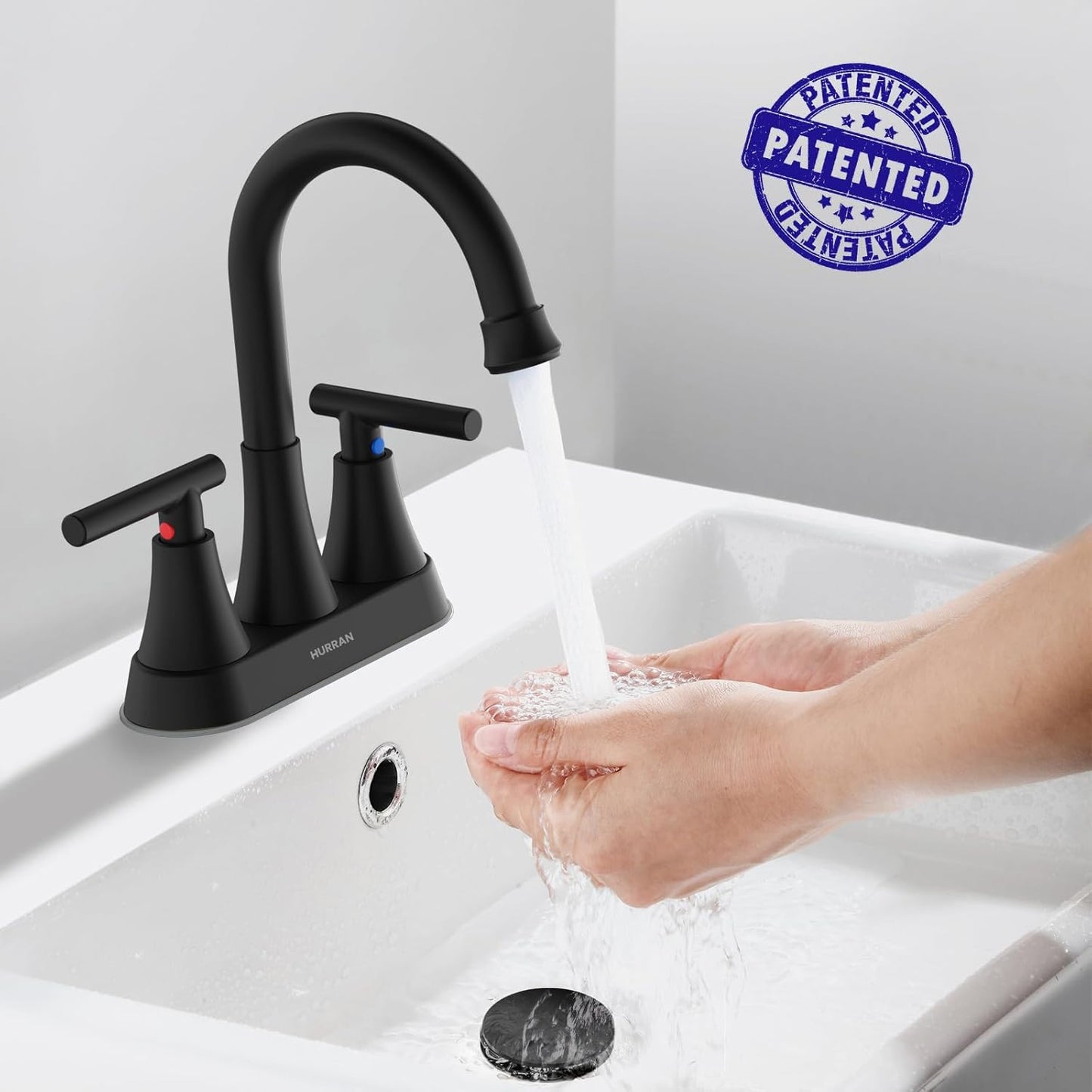 Bathroom Faucets for Sink 3 Hole, Hurran 4 inch Matte Black with Pop-up Drain and 2 Supply